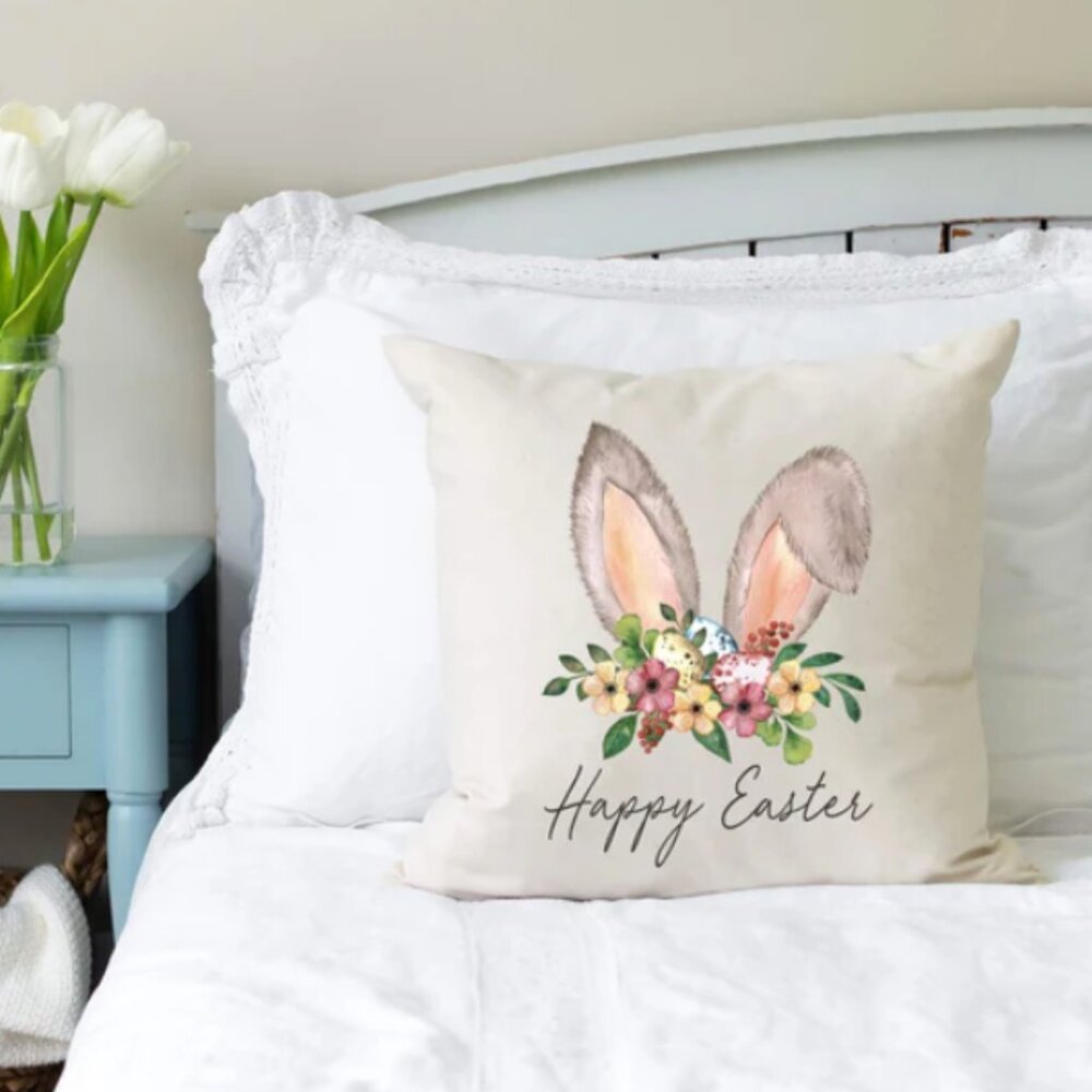 NEW 18x18 pillow cover. Happy Easter bunny ears - Festive holiday pillow cover. - Picture 2 of 3